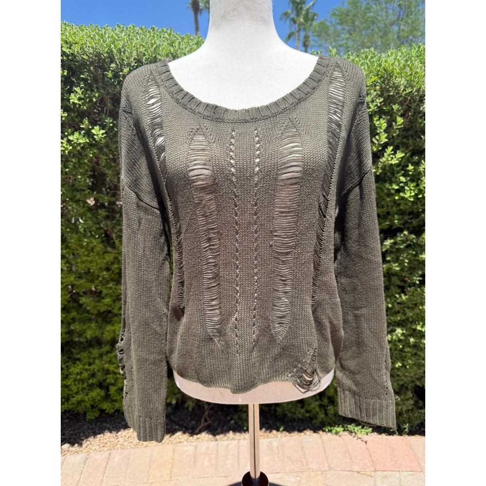 GUESS Los Angeles Olive Green Distressed Knit Ladder Sweater Womens Medium M